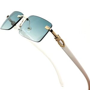 Rimless Sunglasses‎ Green Lens Gold Accents White Arms Men's Fashion Small Gafas